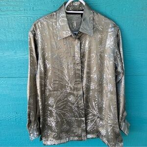 SILVER Lamé SILK OLIVE GREEN BUTTON DOWN OVERSIZED WHIMSIGOTH BLOUSE SMALL NEW